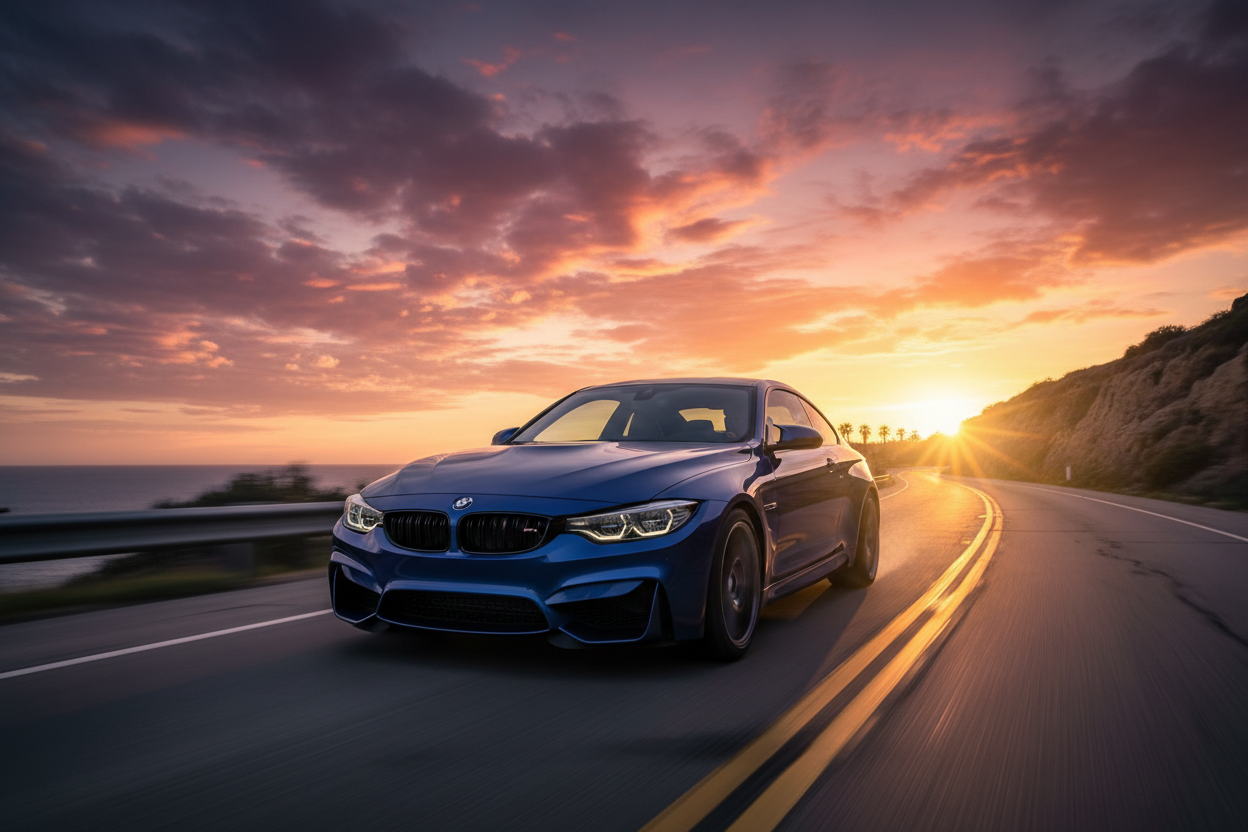 אני רוצה תמונה מטורפת של רכב במו ספורט משוגע נוסע לעבר השקיעה שיראה הכי ריאליסטי שיש, ומוכר 